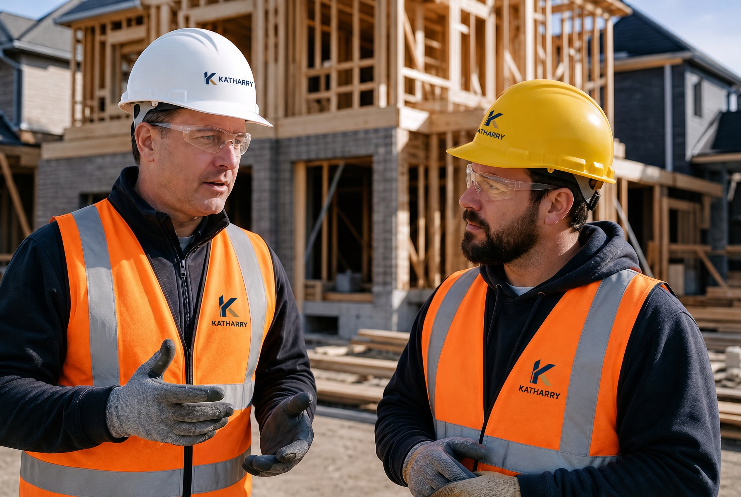 Katharry site engineer and carpenter in branded safety gear reviewing a wood-frame house under construction in Toronto