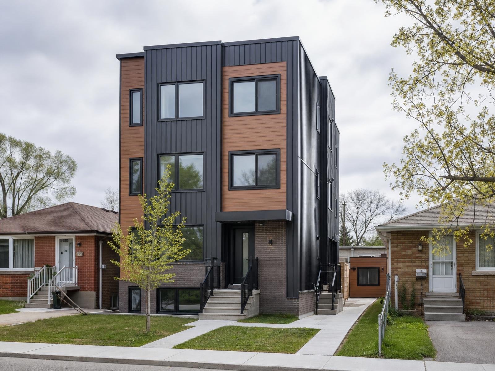 Three-storey fourplex with a rear garden suite replacing a bungalow on a City of Toronto residential lot